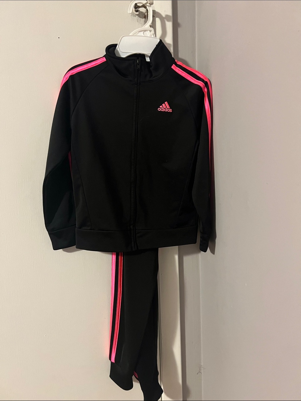 adidas Black Track Jacket and Pants with Neon Pink Stripes